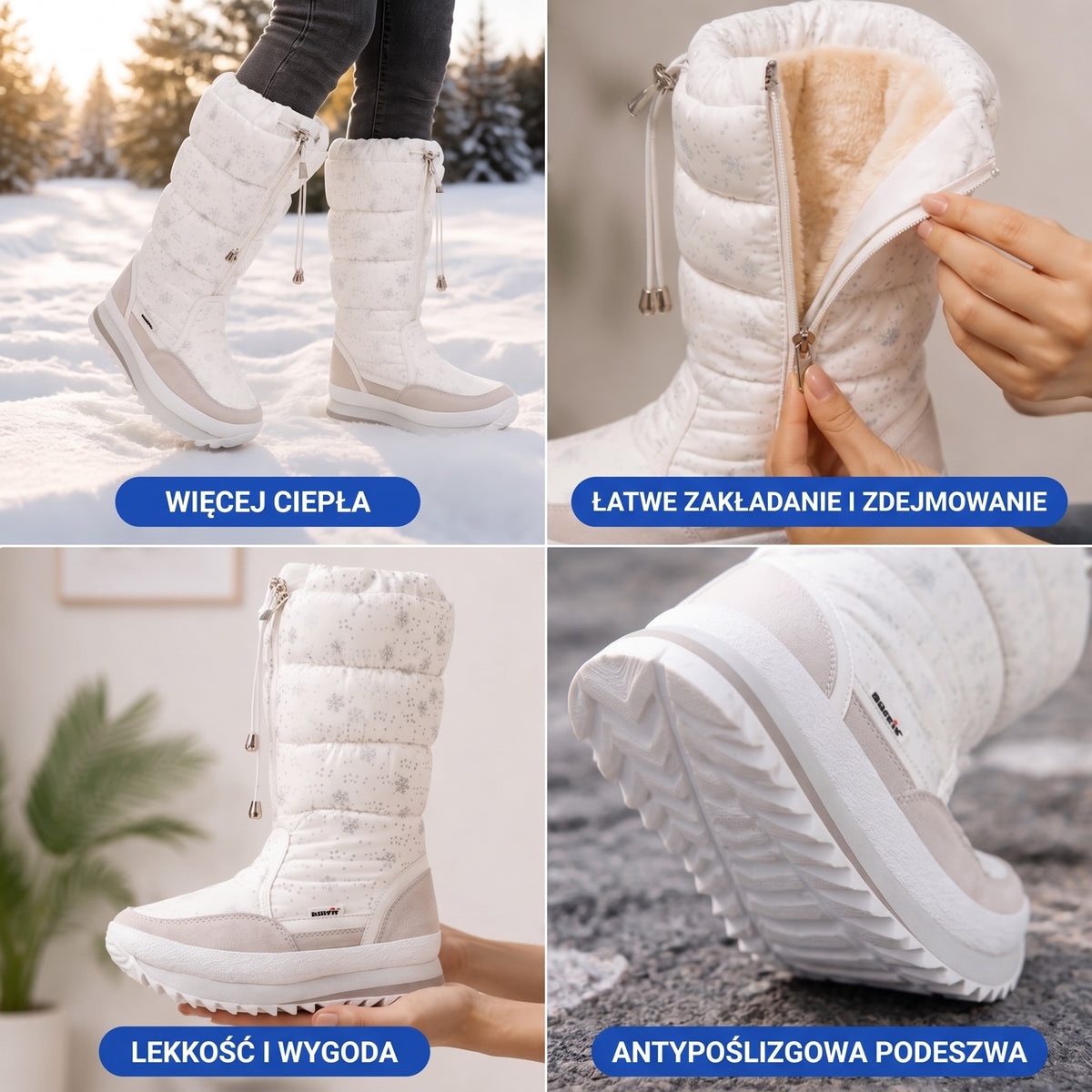 Buty zimowe damskie w użyciu – na śniegu, zamek z pluszową podszewką, niska waga i podeszwa z bieżnikiem