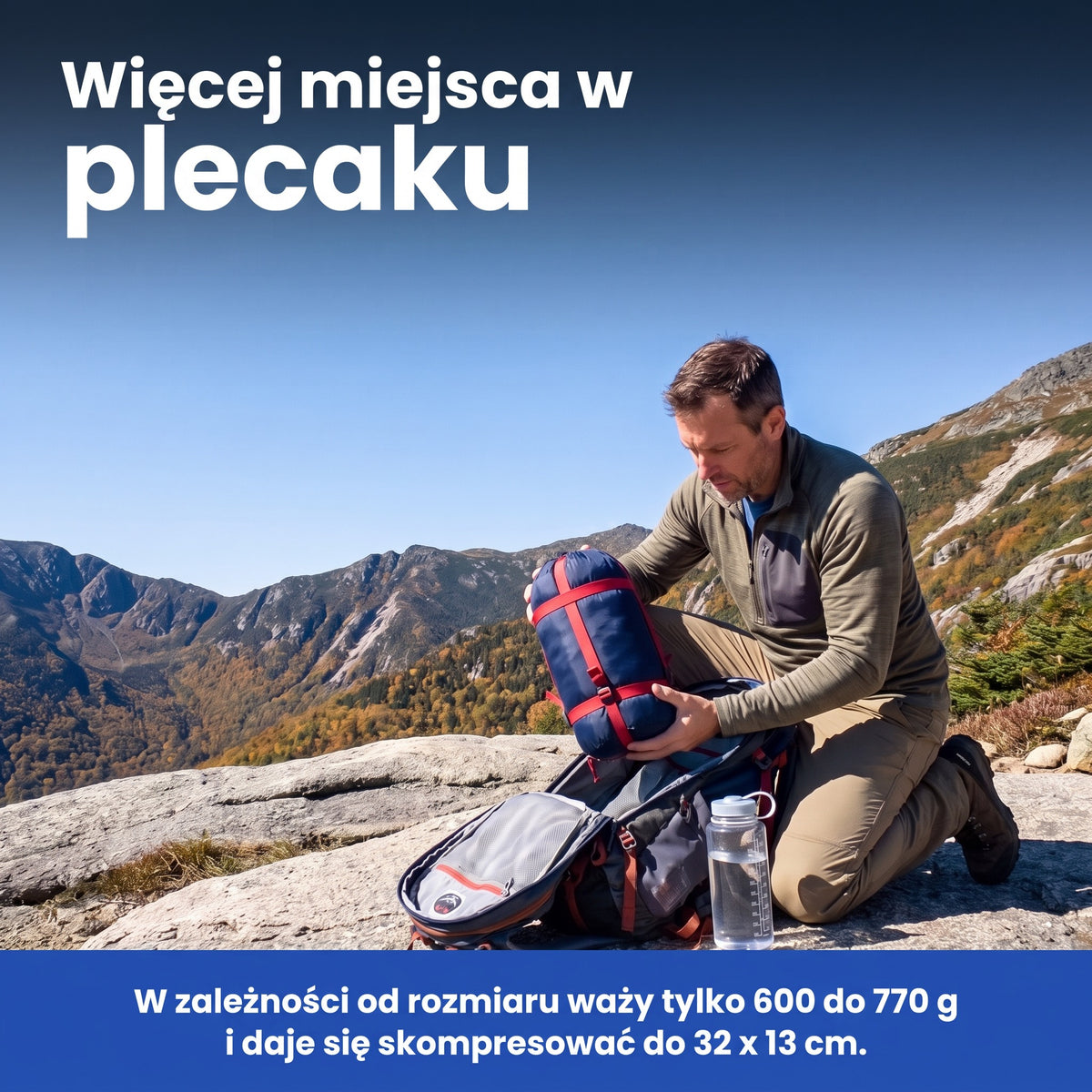 Śpiwór w worku kompresyjnym pakowany do plecaka