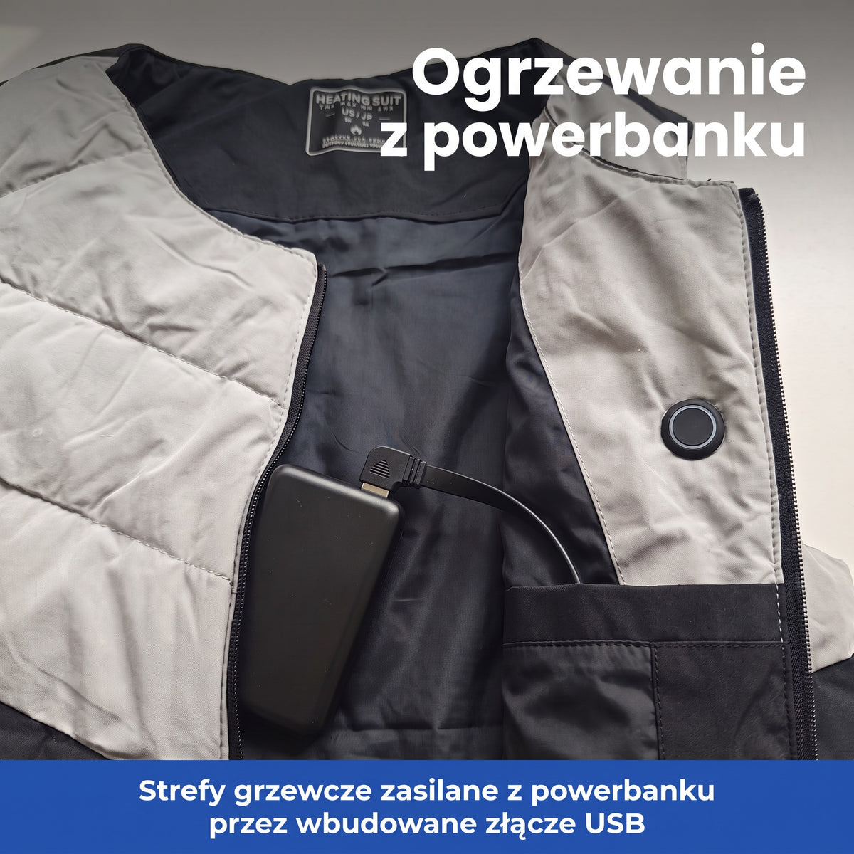 Kamizelka podgrzewana – powerbank podłączony do wbudowanego złącza USB