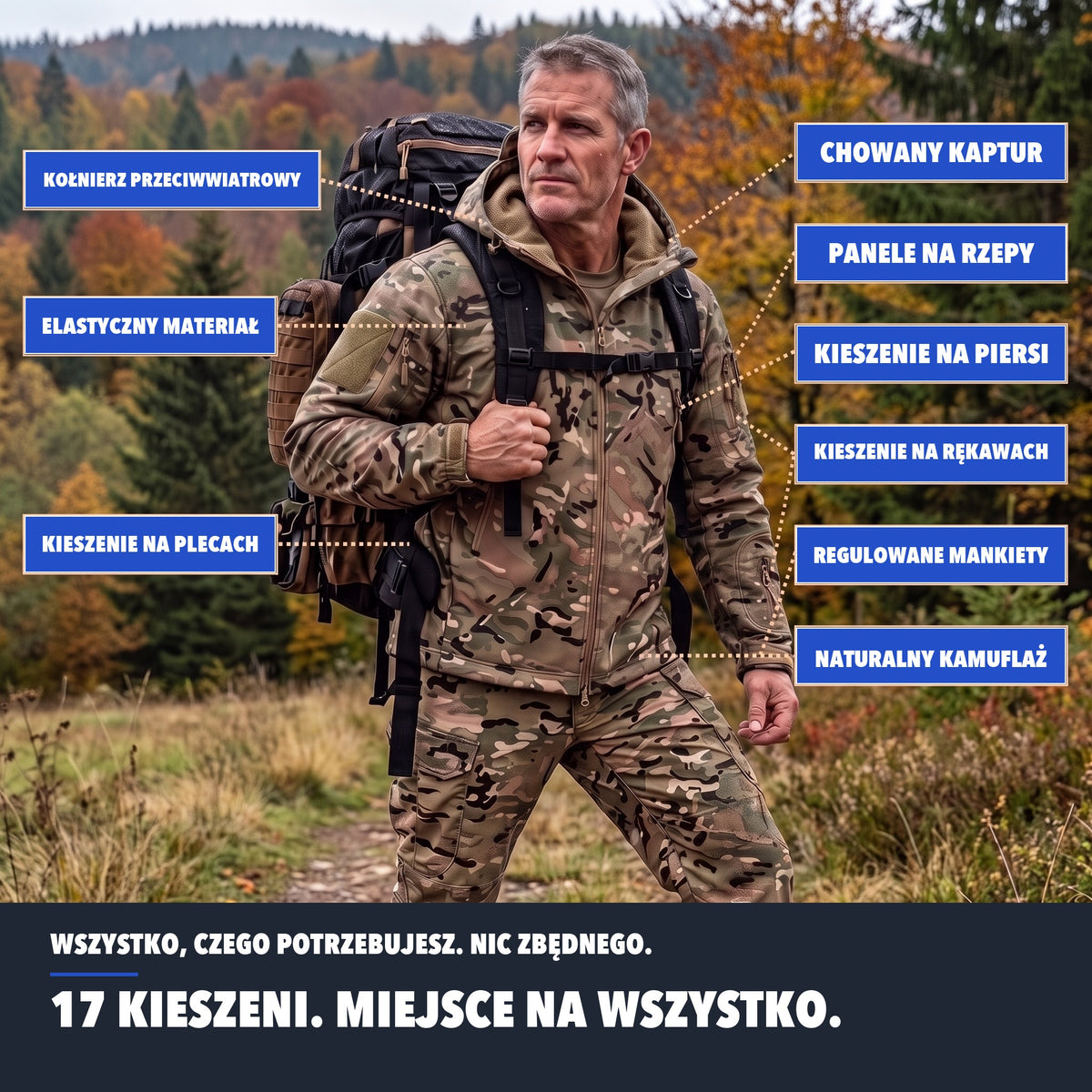 Kurtka Softshell Męska Moro – 17 kieszeni w skrócie
