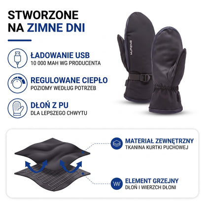 Podgrzewane rękawiczki – karta materiałów: materiał zewnętrzny, element grzejny, ładowanie USB i dłoń z PU