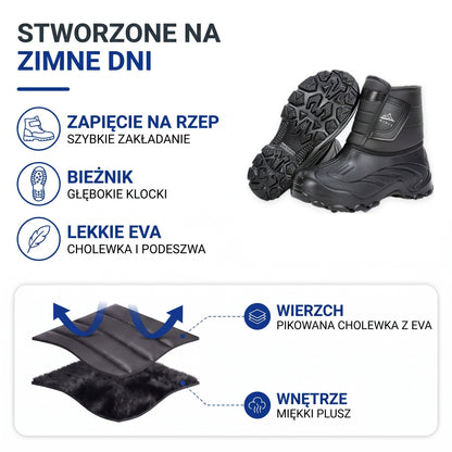 Buty zimowe męskie: zapięcie na rzep, bieżnik, lekkie EVA, pikowana cholewka i miękki plusz w środku