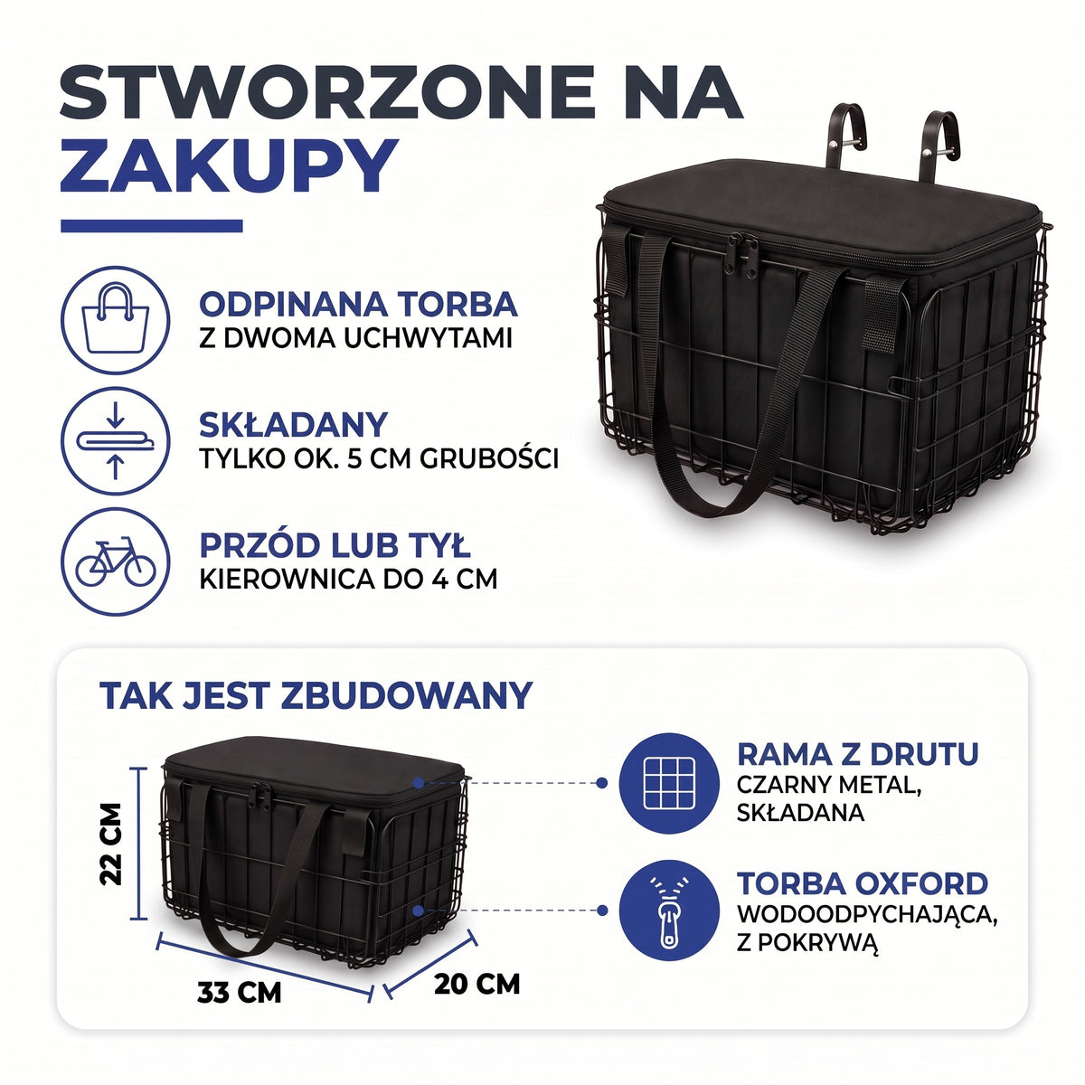 Kosz rowerowy – budowa: składana rama z drutu i wodoodpychająca torba Oxford, 33 × 20 × 22 cm