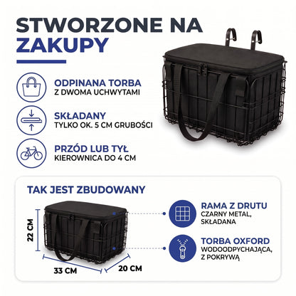 Kosz rowerowy – budowa: składana rama z drutu i wodoodpychająca torba Oxford, 33 × 20 × 22 cm