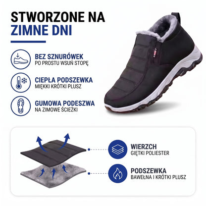 Buty zimowe damskie ocieplane – budowa: giętki poliester i podszewka z bawełny i krótkiego pluszu