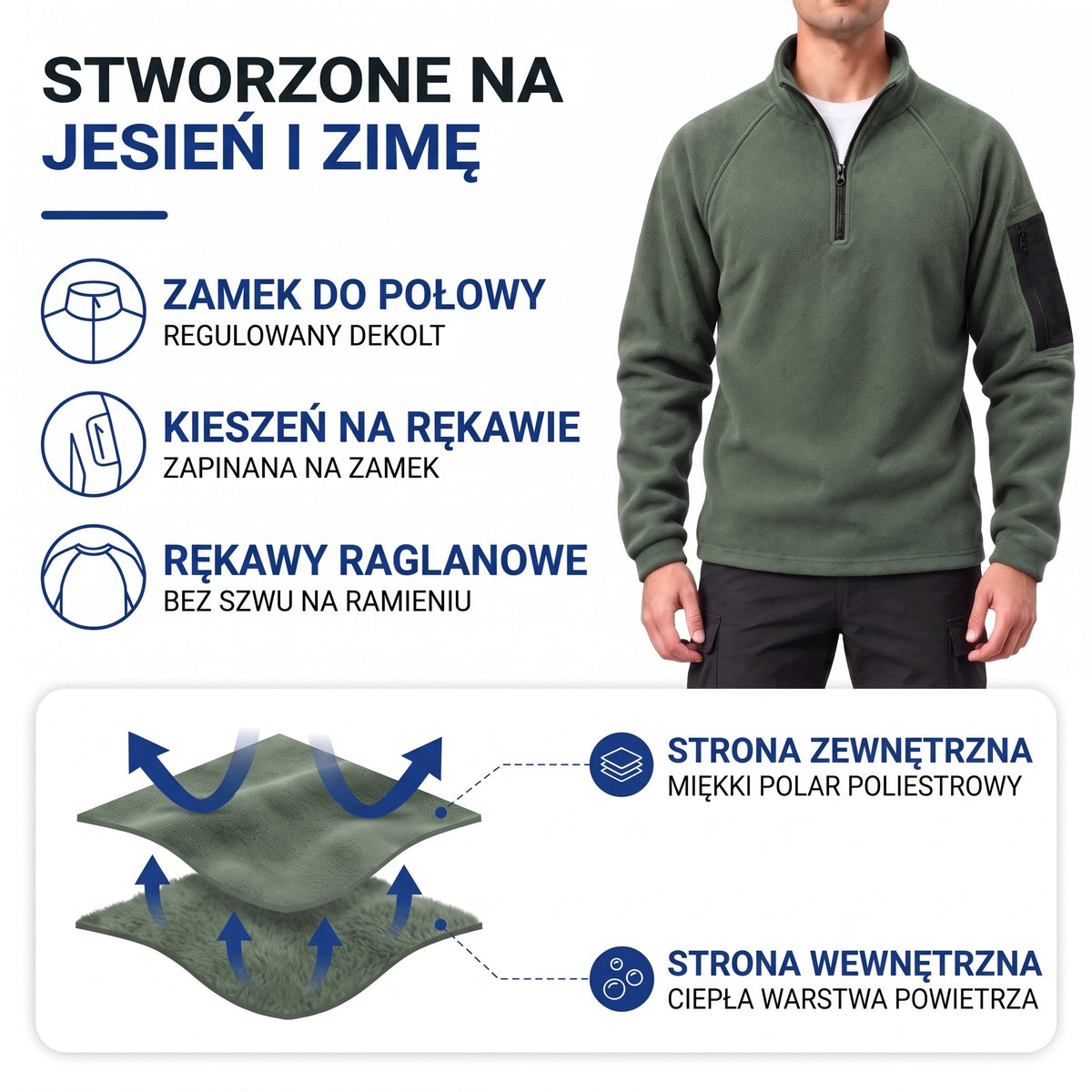 Polar męski – materiał: miękki polar poliestrowy, zamek do połowy, kieszeń na rękawie