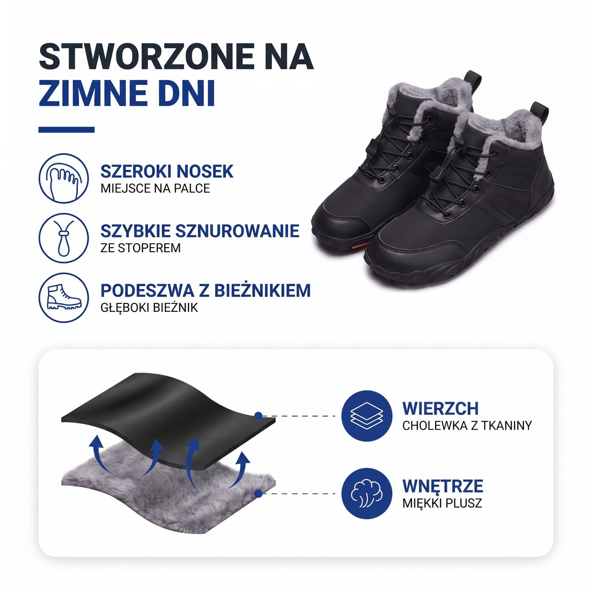 Buty zimowe damskie: szeroki nosek, szybkie sznurowanie, podeszwa z bieżnikiem, cholewka z tkaniny i miękki plusz