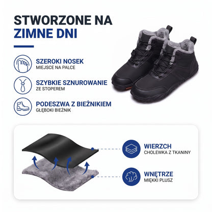 Buty zimowe damskie: szeroki nosek, szybkie sznurowanie, podeszwa z bieżnikiem, cholewka z tkaniny i miękki plusz
