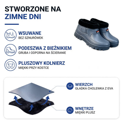 Kalosze ocieplane budowa: gładka cholewka z EVA na zewnątrz, miękki plusz w środku
