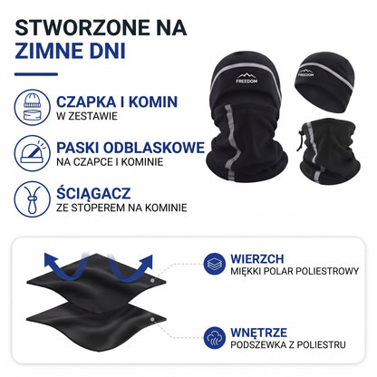 Komin polarowy i czapka – budowa: miękki polar poliestrowy na wierzchu, podszewka z poliestru