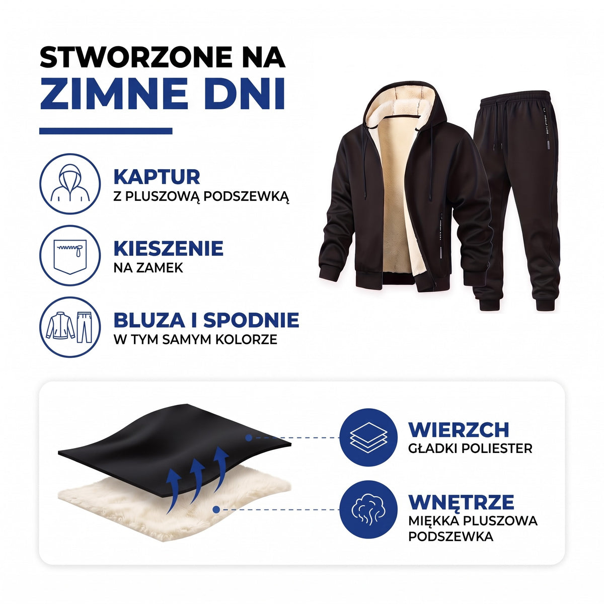 Dres męski budowa: wierzch z gładkiego poliestru, wnętrze z miękkiego pluszu