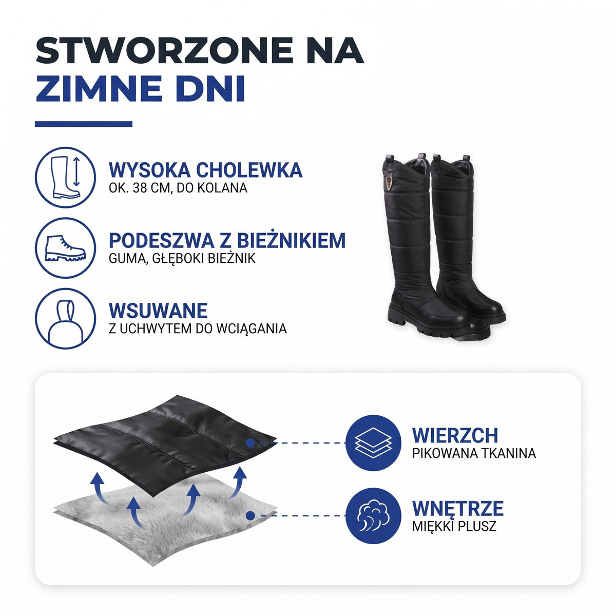 Buty zimowe damskie ocieplane: wysoka cholewka, podeszwa z bieżnikiem, uchwyt do wciągania, pikowana tkanina i miękki plusz