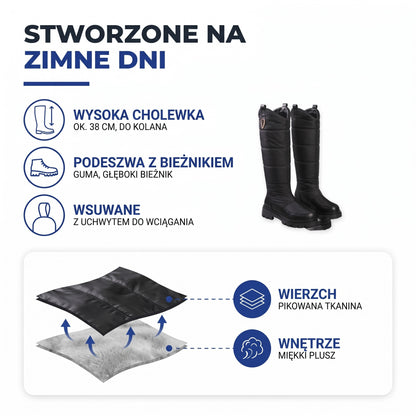 Buty zimowe damskie ocieplane: wysoka cholewka, podeszwa z bieżnikiem, uchwyt do wciągania, pikowana tkanina i miękki plusz