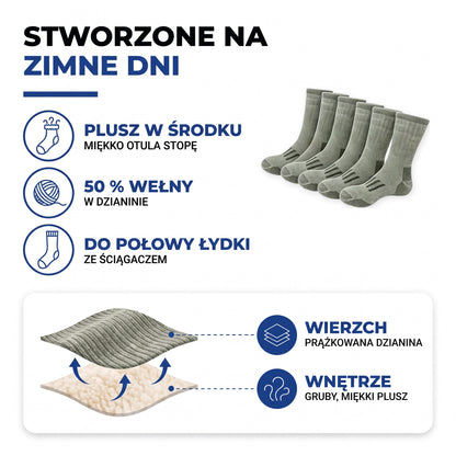 Skarpety wełniane w skrócie: plusz w środku, 50 % wełny, do połowy łydki ze ściągaczem