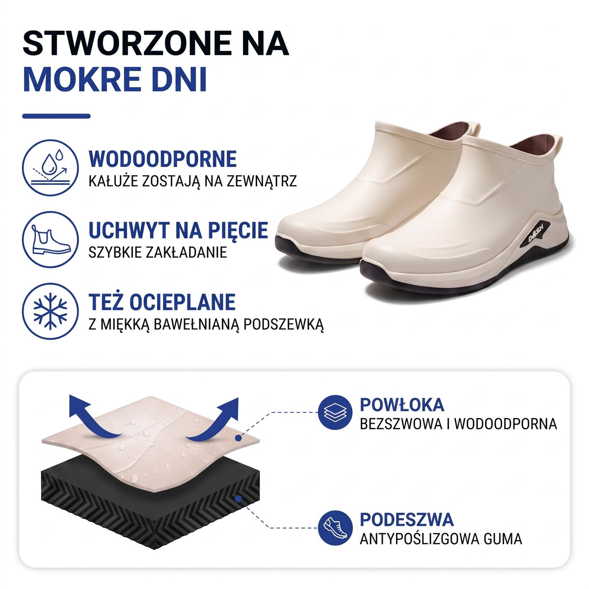 Krótkie kalosze męskie – materiał: bezszwowa wodoodporna powłoka i antypoślizgowa podeszwa z bieżnikiem