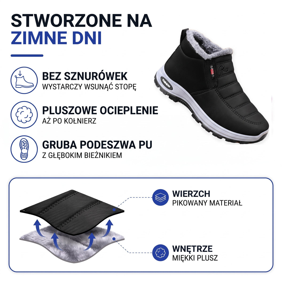 Buty zimowe damskie i męskie w skrócie: bez sznurówek, plusz aż po kołnierz, gruba podeszwa PU z bieżnikiem