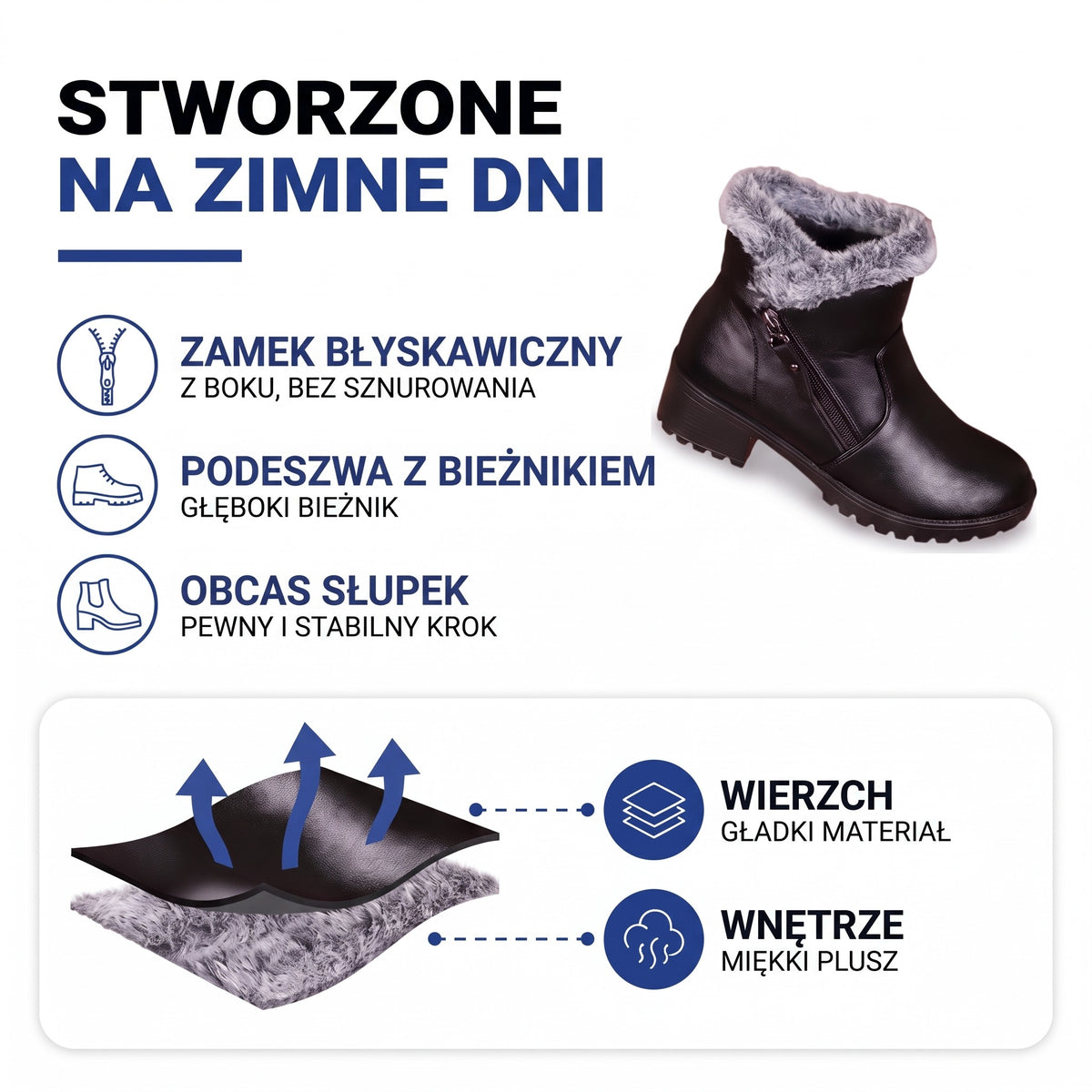 Ocieplane botki zimowe damskie: zamek, podeszwa z bieżnikiem, obcas słupek, gładki materiał i miękki plusz