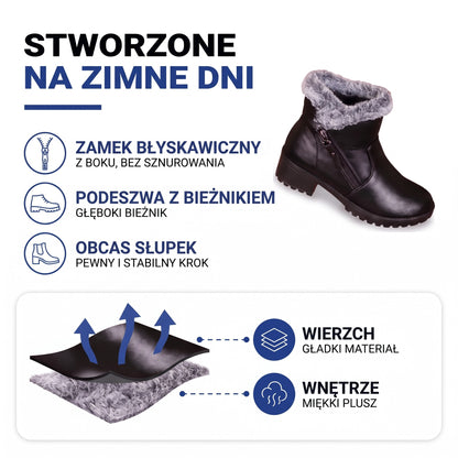 Ocieplane botki zimowe damskie: zamek, podeszwa z bieżnikiem, obcas słupek, gładki materiał i miękki plusz