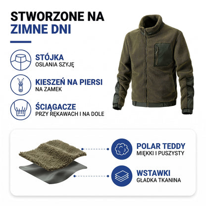 Polar męski rozpinany budowa: puszysty polar teddy i gładkie wstawki przy rękawach i na dole