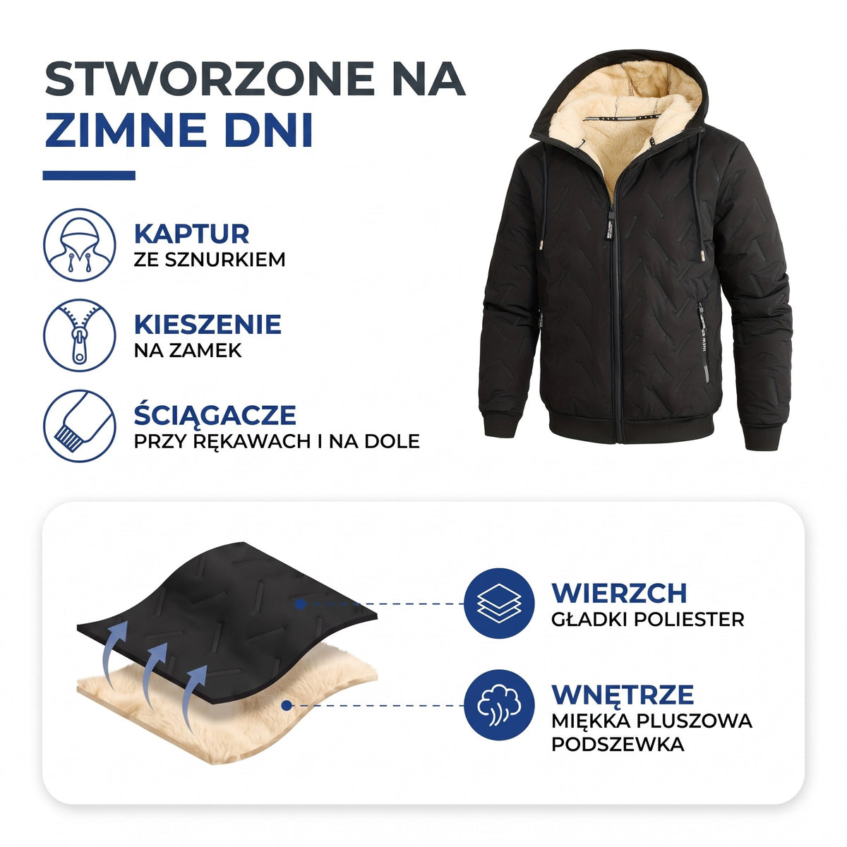 Kurtka zimowa męska budowa: wierzch z gładkiego poliestru, wnętrze z miękkiego pluszu