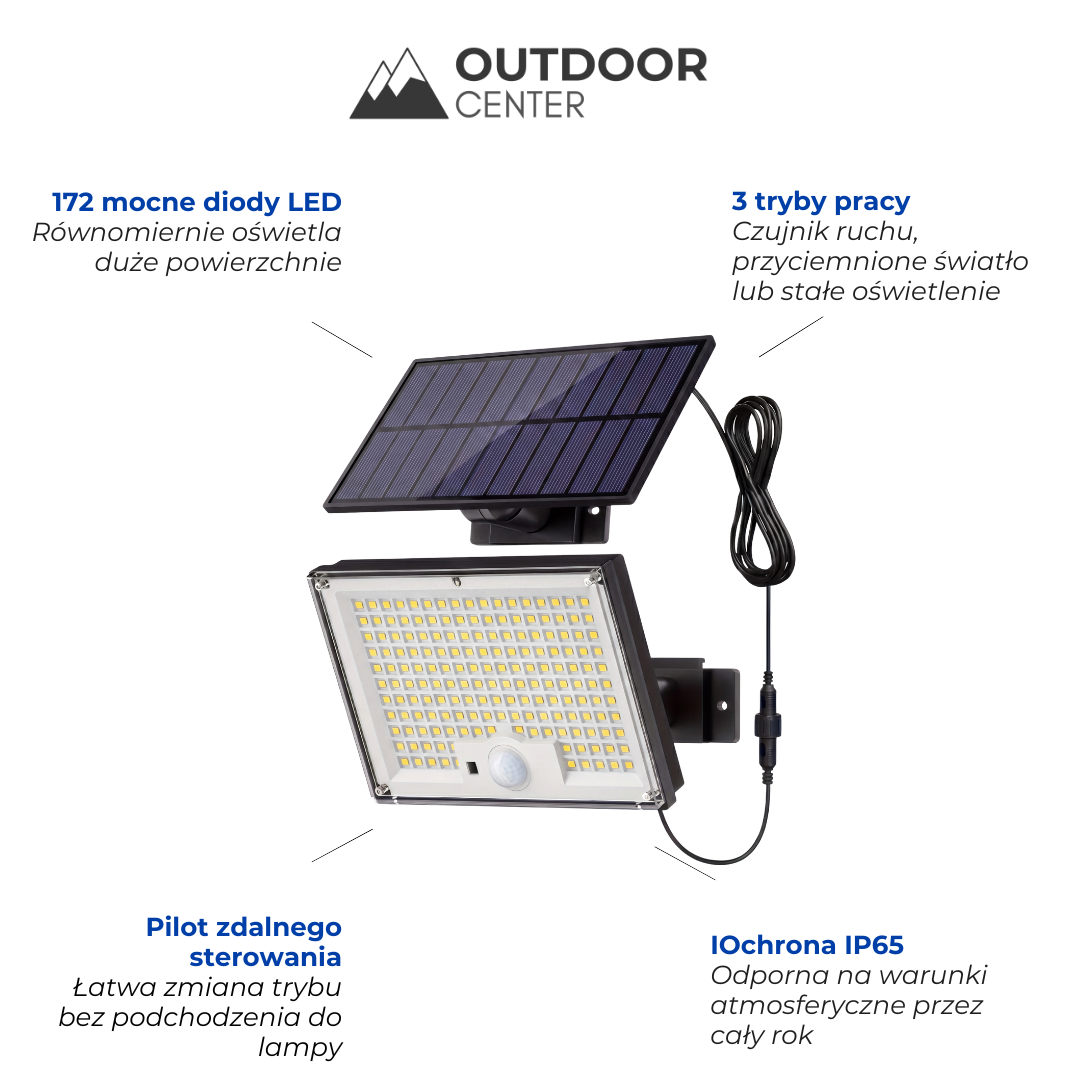 Solarna Lampa Powodziowa z Czujnikiem Ruchu – 172 LED – IP65