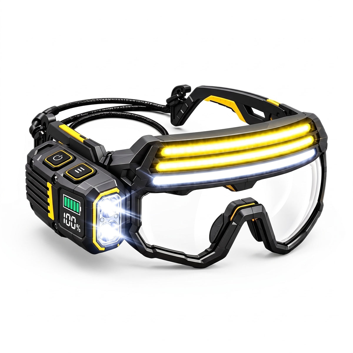 Latarka czołowa LED jako okulary świecące w kolorze czarno-żółtym, zdjęcie na białym tle