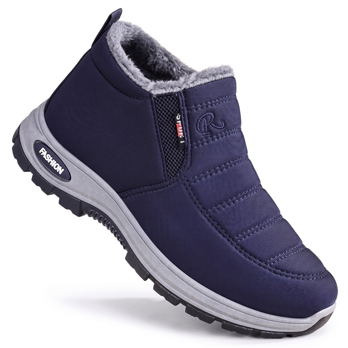 Buty zimowe damskie i męskie w kolorze granatowym, pikowane wsuwane buty na białym tle