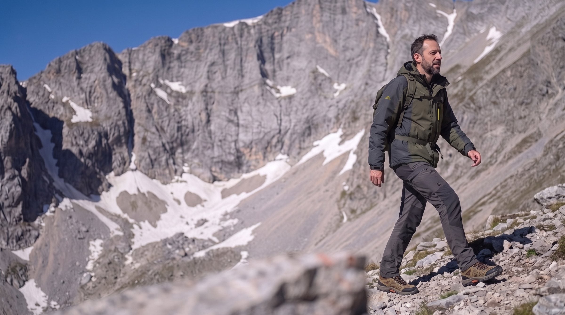 Turysta w ocieplanej kurtce outdoorowej na górskiej grani
